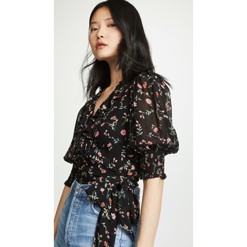NWT GANNI Floral Print Georgette Wrap Blouse - Black & Pink 🌸 EU 38 (US 6) $160 - Picture 6 of 16